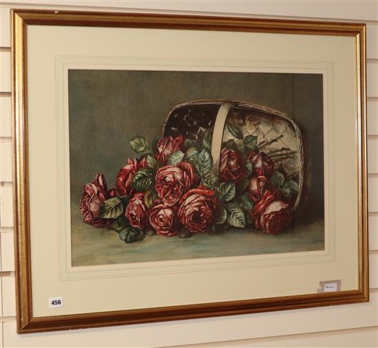 Louie Arun (?), watercolour, still life of roses in a basket, indistinctly signed and dated 1921, 44 x 66.5cm